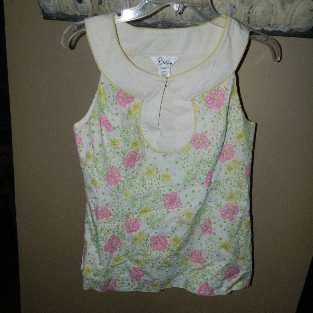 Lilly Pulitzer The Good Life Cats Floral Tank Blouse Shirt Top Size 6 (P-36)